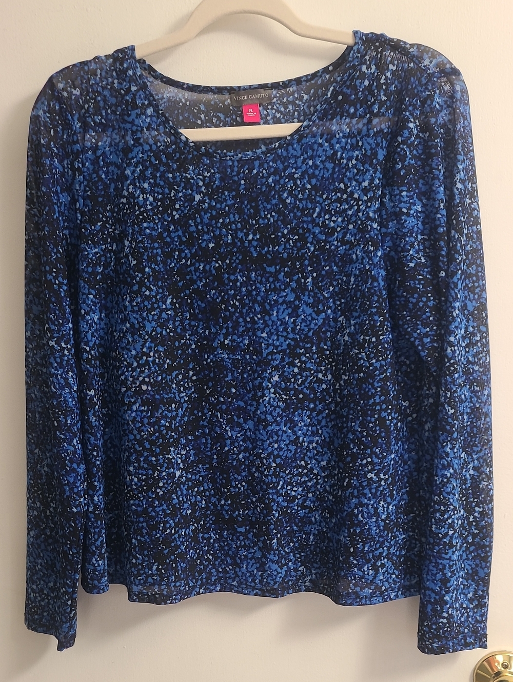 Vince Camuto Women's Popular Long Sleeve Abstract Printed Mesh Blue/Black  Sz PL